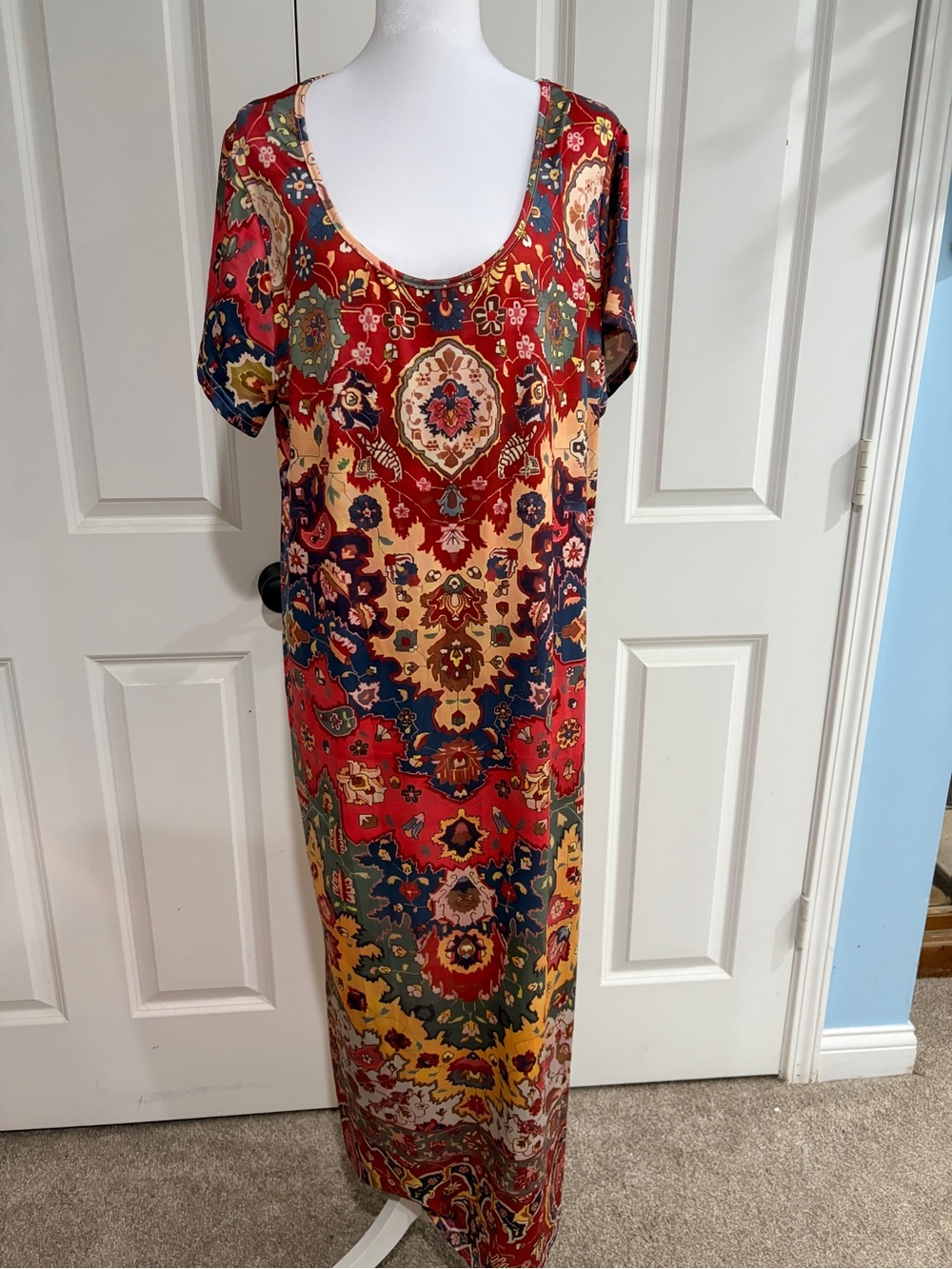 Red Multi-Print Scoop Neck Maxi Dress with Short Sleeves